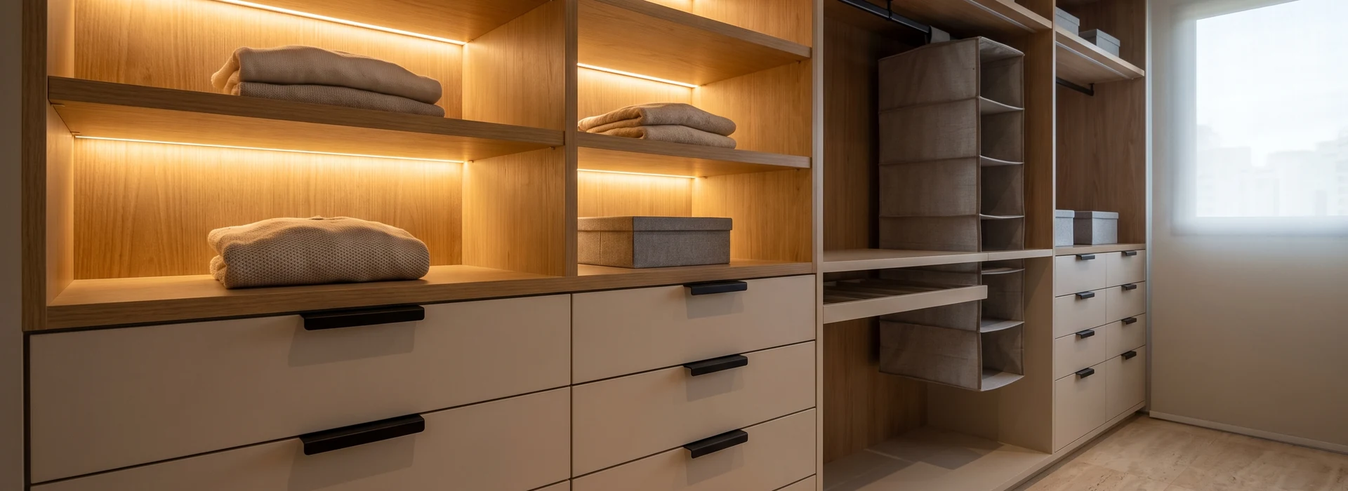 Closet planejado com prateleiras e nichos iluminados