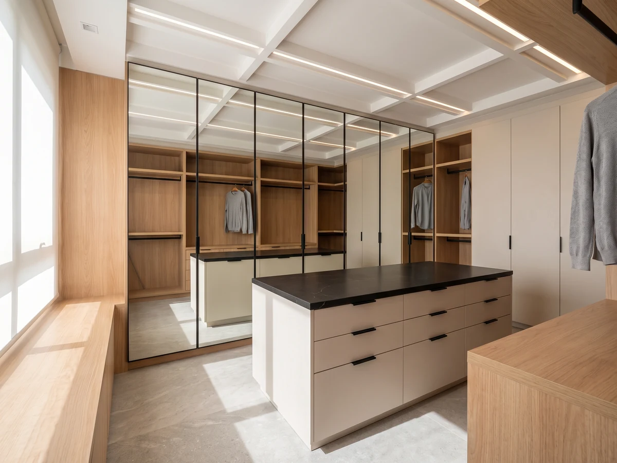 Closet planejado com portas espelhadas e ilha central